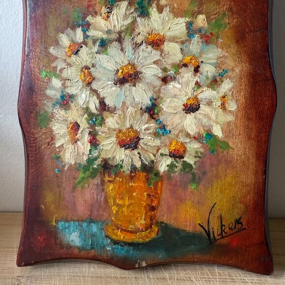 Vintage Mary Vickers Oil Painting on Wood Plaque White Daisy Floral Still Life - Picture 2 of 8